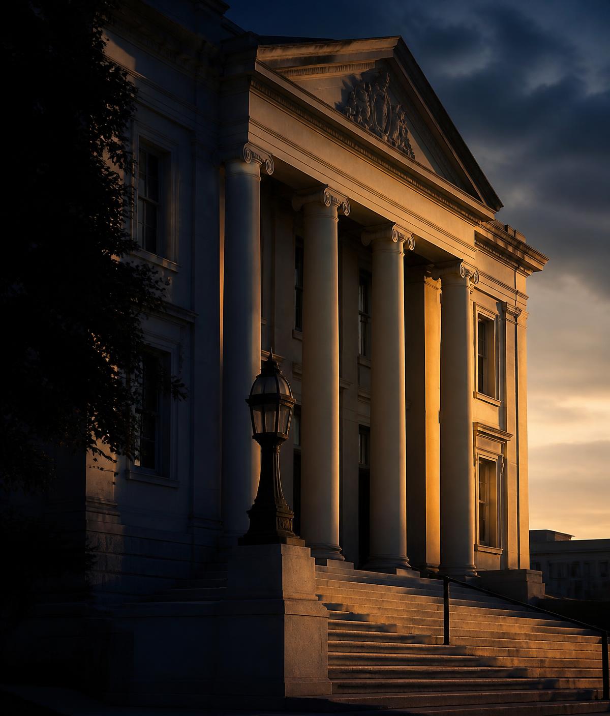 County courthouse steps at dusk, where surplus money proceedings are filed